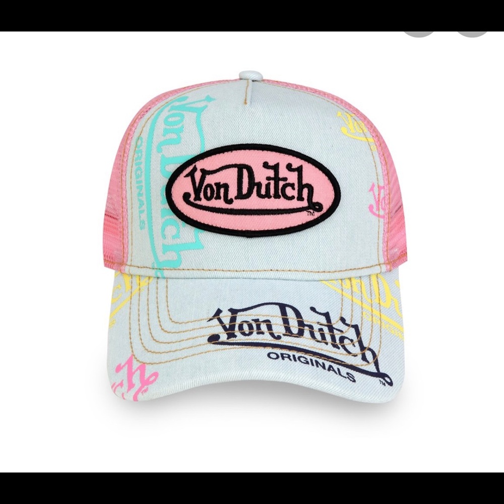 VON DUTCH TRUCKER HAT PINK AND BLUE DENIM